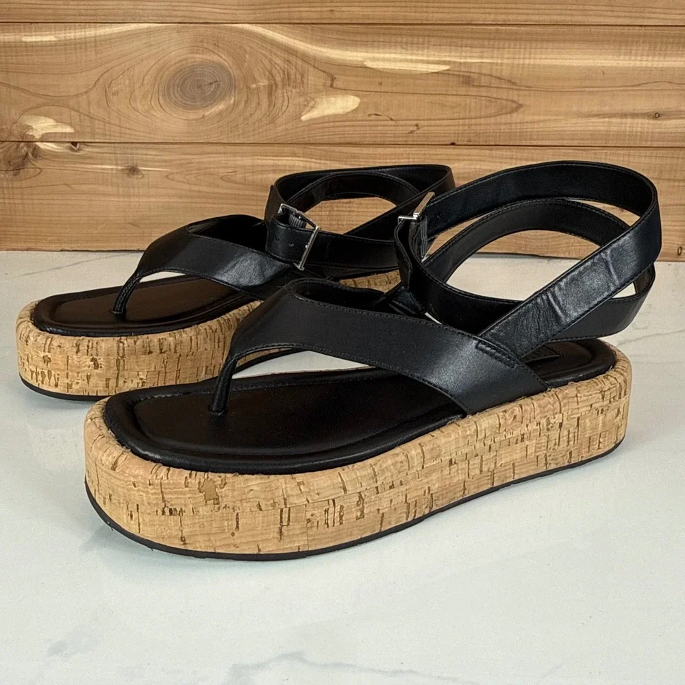 Schutz Tessie Black Leather Cork Platform Thong Sandals Womens 7B Ankle Strap